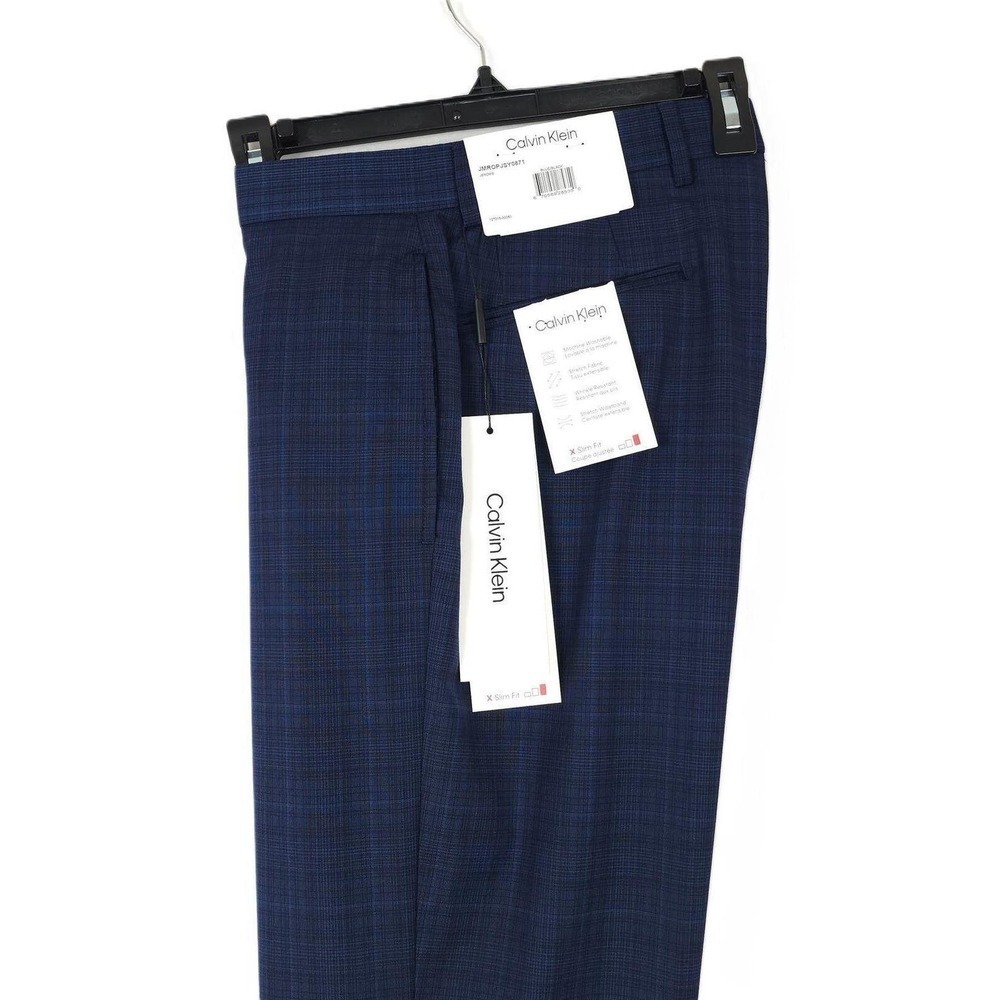 Calvin Klein Mens Slim Fit Dress Pants 40x30 Blue Black Plaid Stretch NWT